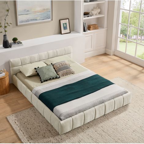 Lit adulte 140x200 cm avec design matelassé carré, en chenille beige, sans matelas (1/5)