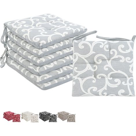 Set 6 cuscini per sedie a 4 punti con lacci - Misura 40x40 cm - Imbottitura in poliestere e rivestimento in cotone e poliestere - Grigio con Fantasia