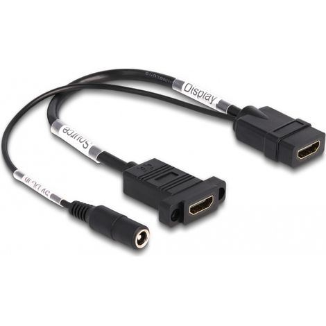 DeLOCK Cable HDMI 4K 60 Hz con alimentación CC 2,1 x 5,5 mm 0,30 m montaje en panel (1/2)