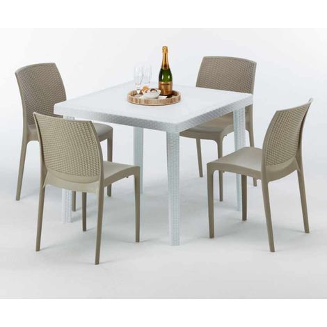 Tavolino Quadrato Bianco 90x90 cm con 4 Sedie Colorate Bohème Love - Beige