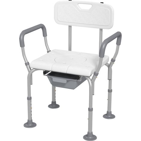 Höhenverstellbarer Duschstuhl mit Toilettenstuhl, Eimer, rutschfesten Füßen, max. Belastbarkeit 136 kg, weißes HDPE-Aluminium
