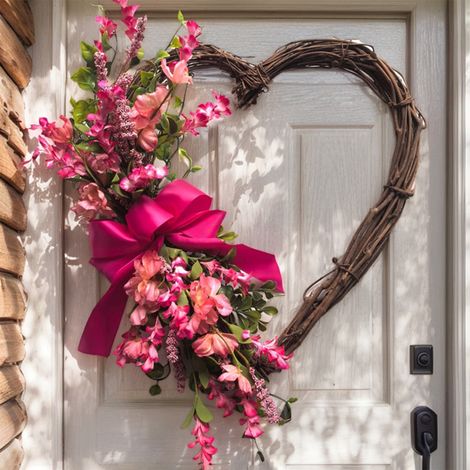 Guirlande En Forme De Cœur - 45 Cm - Décoration En Lin Texturé Avec Nœud Papillon Rose Et Feuillage Vert - Pour Porte D'Entrée Fenêtre Mur Intérieur Extérieur - 1 Pièce (1/5)