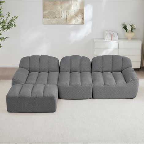 Divano angolare modulare 3 posti con ottoman in tessuto fleece granulare grigio, senza struttura, configurabile (1/5)