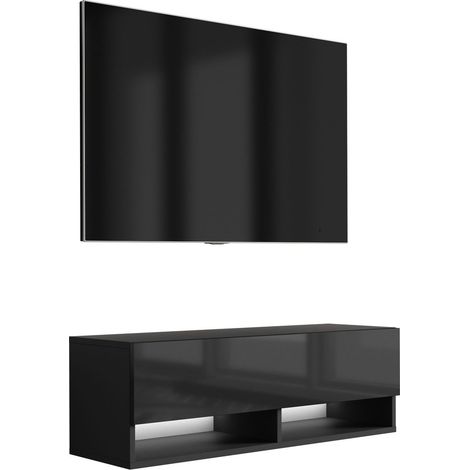 Meuble TV : Noir Mat / Noir Brillant, LED blanche, 100 × 32 × 34 cm (1/5)