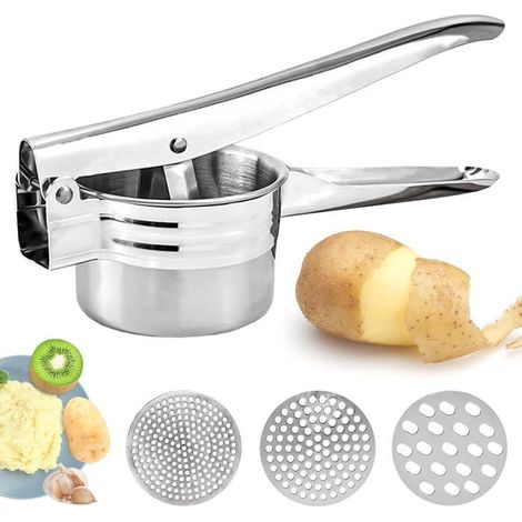 Presse-purée manuel, presse-purée professionnel en acier inoxydable avec 3 disques interchangeables pour fruits, légumes, aliments (1/5)