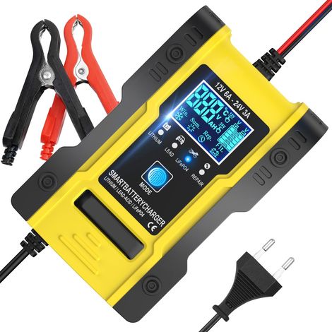 RHG Chargeur de batterie de voiture - Chargeur de batterie de voiture 12V/24V pour automobiles/motos/tondeuses à gazon/bateaux - chargeur de voiture avec écran tactile LCD