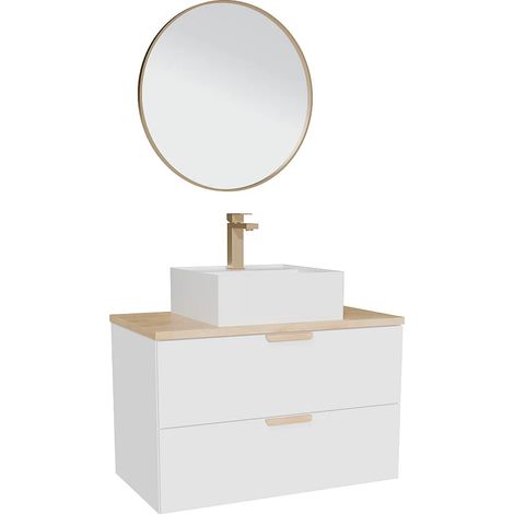 Mobile bagno sospeso con lavabo da appoggio quadrato, rubinetto e specchio Bianco L80 cm – AVORELI (1/5)