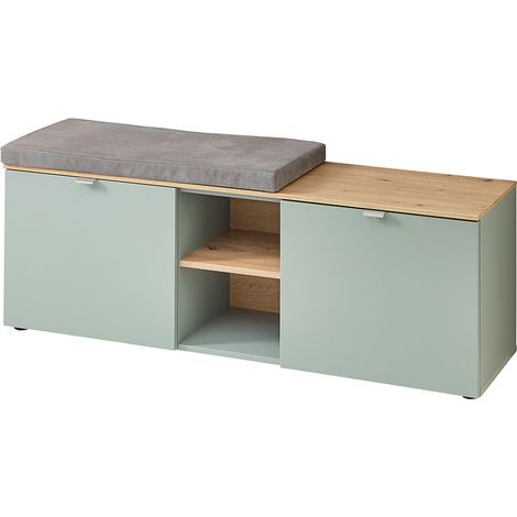 Schuhbank mit Sitzpolster 128 cm breit grün matt mit Eiche BLISS-36 (1/5)