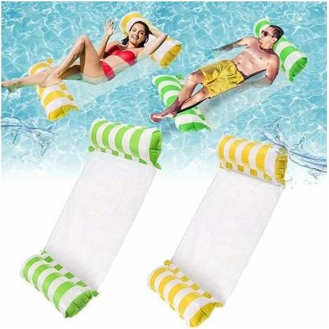2-Piece Inflatable Folding Floating Bed, Water Hammock, Pool Lounge Chair, Air Mattress, Inflatable Pool Hammock for Adults and Children. (Green + Yellow) (1/5)