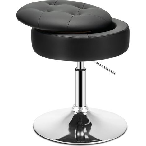 COSTWAY Taburete de Tocador con Almacenamiento, Otomana Redonda de Cuero PU Giratorio a 360°, Taburete de Maquillaje Ajustable en Altura con Tapa Abatible para Salón Dormitorio (Negro)