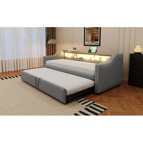 Canapé lit gigogne 90/180 x 190 cm avec sommier inclus, 2 matelas inclus, LED et prise USB, rangement intégré, tissu gris clair (1/5)