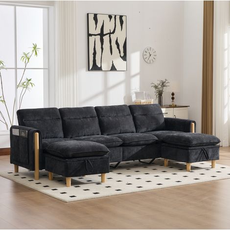 Sofá esquinero de 4 plazas con chaise longue reversible, almacenamiento oculto y bolsillos laterales, 261x77x86 cm, chenilla negra (1/5)