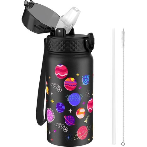 Kinder Trinkflasche 420ml Edelstahl mit Strohhalm, auslaufsicher, BPA-frei, Weltraum-Design (1/5)