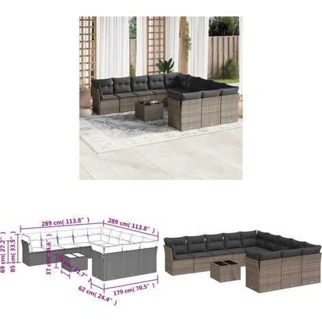 12-tlg. Garten-Sofagarnitur mit Kissen Grau Poly Rattan - Gartenmöbel Set - PE-Rattan Möbel - Outdoor Sofa - Esstisch - Lounge Set - Home & Living (1/3)
