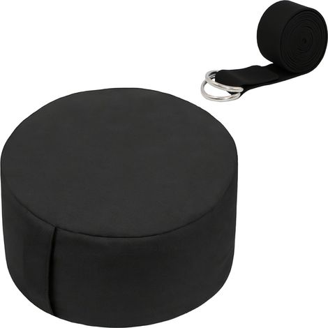Relaxdays Meditation Cushion Set, with Yoga Strap, Mindfulness, Floor Cushion, Washable Cover, H 13x33 cm, Cotton, Black