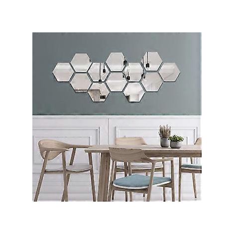 Miroir décoratif, autocollant mural hexagonal pour salon, miroir en acrylique argenté, décoration de chambre, ornement d'intérieur, lot de 12