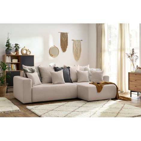 BOBOCHIC - Canapé d'angle réversible convertible coffre ENVY tissu bouclette doux Beige (1/5)