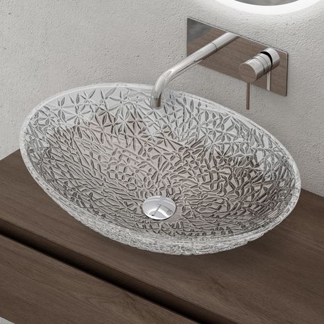 Doporro – Vasque à poser en verre transparent ovale 50,5x36x15,5 cm – Lave-mains sans trop-plein – Installation facile sur plan de vasque - Minerva05