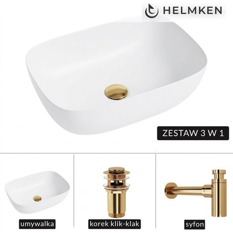 Lavabo de encimera Helmken 49346000 (46x32) Blanco + Sifón dorado + Tapón de clic dorado (1/5)