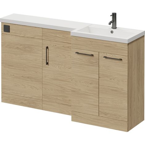 Napoli 390 Light Oak 1500mm 3 Door Vanity Unit Toilet Suite with Right Hand Square Lucia Basin - 1500mm - Gunmetal Grey 160mm HandleWithout Kingston Toilet Pan