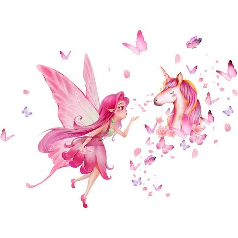 Sticker mural - Motif papillon, fée et licorne - Idéal pour la décoration d'une chambre d'enfant