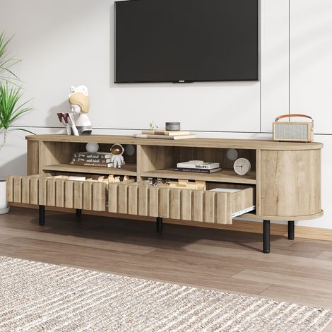 Mueble para TV de 1604048 cm, aparador bajo con 2 armarios, mueble para salón con 2 cajones, soporte para TV de color madera natural, MDF, mesa para TV, soporte para TV con 5 patas de apoyo, apto para