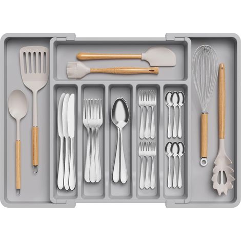 Organisateur de tiroir à couverts extensible, plateau à couverts ajustable à 8 compartiments, support de rangement pour ustensiles de cuisine en PP sans BPA (gris) (1/5)