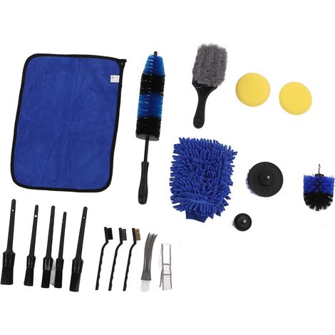 Kit de 18 brosses de detailing auto, brosse perceuse pneu, gant lavage chiffon microfibre, pad cire, outil nettoyage jante échappement, couleur A (1/5)