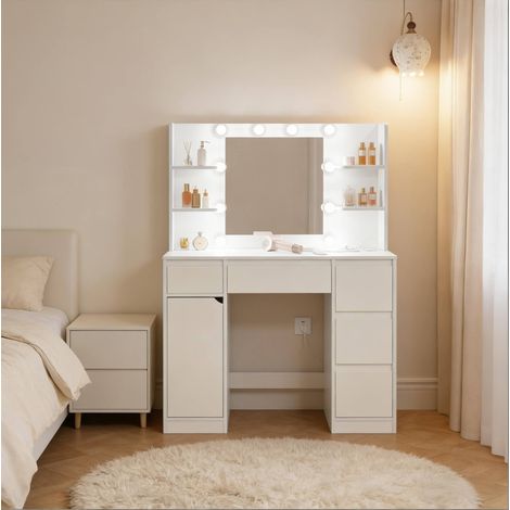 Schminktisch mit Spiegel, Beleuchtung, Steckdose und USB, 110 x 140 x 40 cm, weiß HAVRYA (1/5)