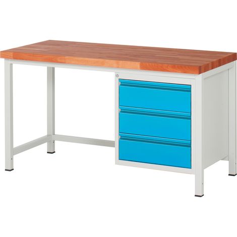 STIER Höhenverstellbare Werkbank Premium mit 3 Schubladen BxTxH 1500x700x840-1040mm RAL 7035 / RAL 5012