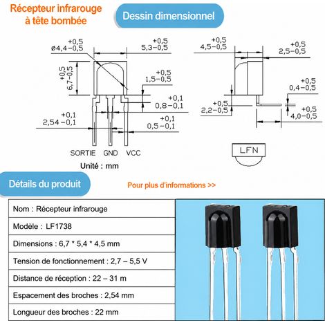 Récepteur infrarouge LF1738 38 kHz 940 nm avec câble connecteur lf1738 38khz fcc 940 0,8 × 0,9 × 0,9 cm 5 g – Livraison gratuite