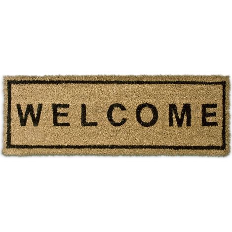 Paillasson fibres de coco étroit WELCOME tapis de sol porte entrée essuie-pieds dessous antidérapant caoutchouc PVC intérieur extérieur saleté chaussures natte, marron (1/5)