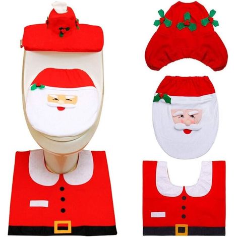 3 pièces Couverture de Siège de Toilette de Noël Décorations Noël Housse pour abattant de WC pour réservoir et Tapis de Salle de Bain Set de décoration,décoration de fête(Père Noël) (1/5)