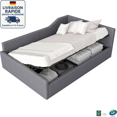 MODFU - Letto contenitore per adulti 140x200cm, divano letto, idraulico, rete a doghe imbottita, senza materasso, lino, grigio (1/5)