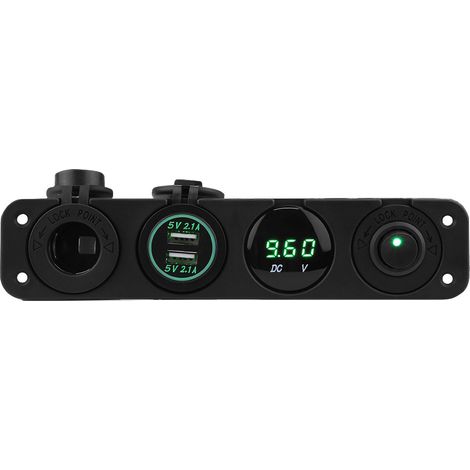 Chargeur USB Double Voltmètre 12-24V Vert Prise Allume-Cigare Panneau Interrupteur 4 Trou (1/5)