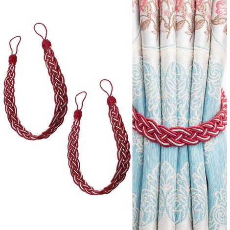 Lot de 2 embrasses en tricot main pour rideaux et voilages, décoration tressée rouge, fixation facile, style bohème. (1/5)