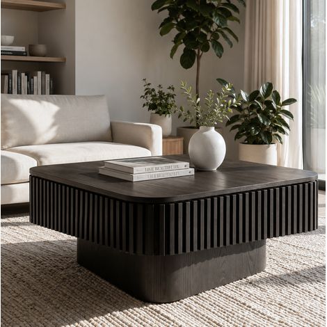 Table basse carrée 75 cm avec rangement caché, plateau amovible, MDF plaqué noir (1/5)