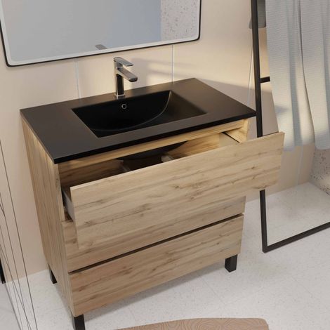 meuble de salle de bains 80 cm 3 tiroirs chêne naturel + vasque céramique noire - timber — vue 2