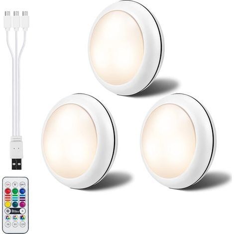Éclairage d'armoire RGBW Rechargeable Spot Lights 1000mAh Batterie 16 Modes de Couleur Veilleuse LED avec Télécommande pour Chambre Armoire de Cuisine Armoire Penderie Placard Lot de 3 (1/5)