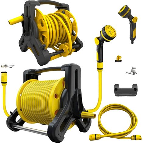 Chariot enrouleur de tuyau, longueur de 15 mètres, 10 modes de pulvérisation, matériau en plastique, idéal pour le bain des animaux, adapté au nettoyage de patio (1/5)
