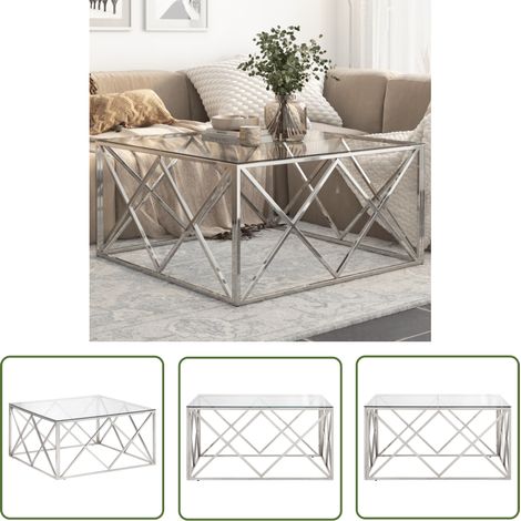 The Living Store Couchtisch Silbern Edelstahl und Hartglas - Esszimmertisch - Couchtisch - Wohnzimmertisch - Glastisch - Metalltisch (1/5)
