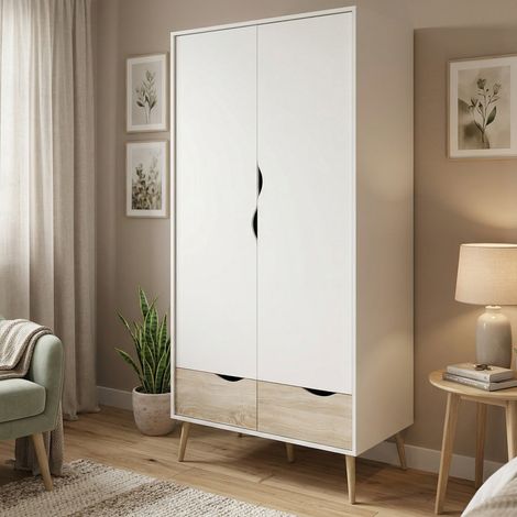 Dmora Zweitüriger Kleiderschrank mit zwei Schubladen, Farbe Weiß und Eiche, 98 x 200 x 58 cm (1/5)