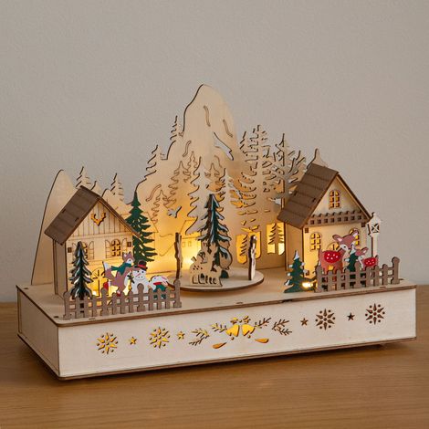 28cm Light Up Wooden Winter Village Christmas Scene with 8 Warm White LEDs (1/5)