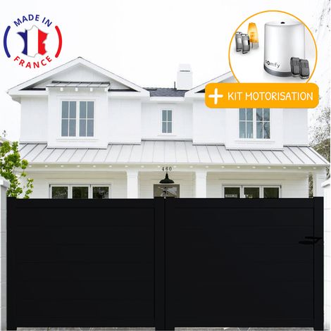 Portail aluminium coulissant plein en kit + Motorisation dimensions L.3500 (entre piliers) X H.1500 mm Couleurs Noir (RAL 9005)