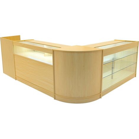 Set Mostradores Comerciales "POLARIS"   Arce CM60 + B1500 + K1500 + TB60 MDF y vidrio templado  Estantes y puertas corredizas con cerradura  Fácil Montaje  Mostrador Recepción Expositor Comercial Mesa