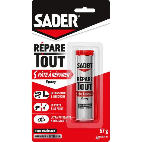 Sader Répare Tout - Pâte à Réparer Epoxy - Tous Matériaux – Intérieur/Extérieur – Couleur : Gris – 1 Tube 57 g (1/5)