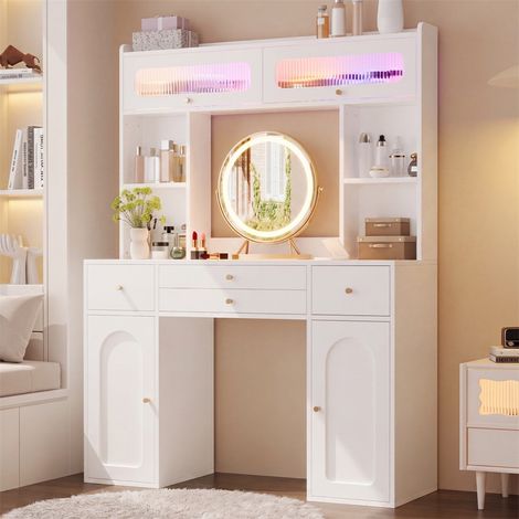 Coiffeuse avec LED - 120x40x160cm - Table de Maquillage Moderne avec Miroir Rond, Vitrine Bluetooth et 4 Tiroirs - Blanc (1/5)