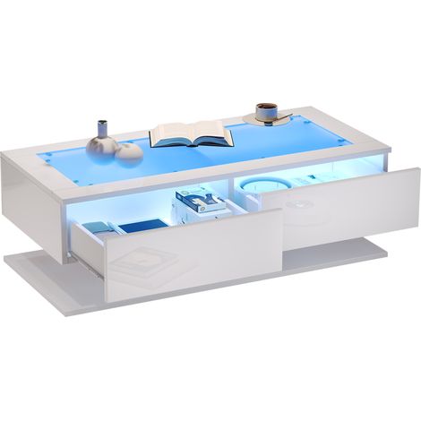 CHICFURN Mesa de centro 100 x 50 x 35 cm blanca, 2 cajones y LED (1/5)