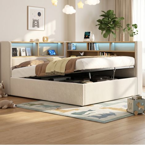 Polsterbett 140x200 cm aus beigem Samt mit hydraulischem Stauraum, ohne Matratze – MEUBLIV (1/5)