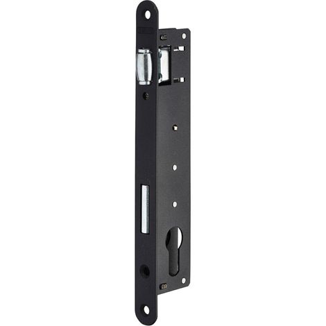 Serrure encastrable à rouleau pour porte battante – Axe 22mm – Têtière acier bouts ronds – Pêne zingué – Gâche plate en acier noir (1/2)